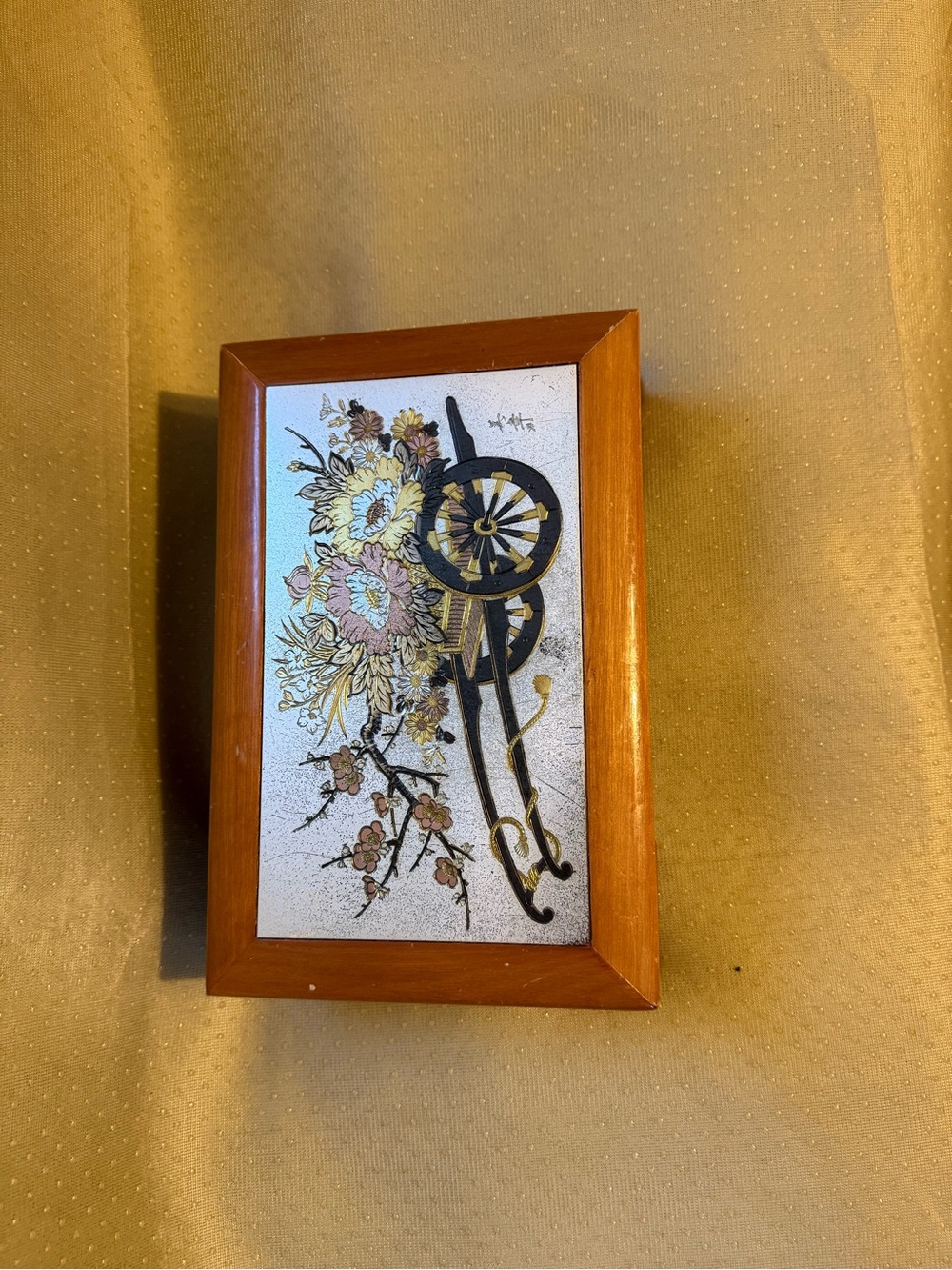 Lefton Brown Framed Floral Art with Decorative Wheel